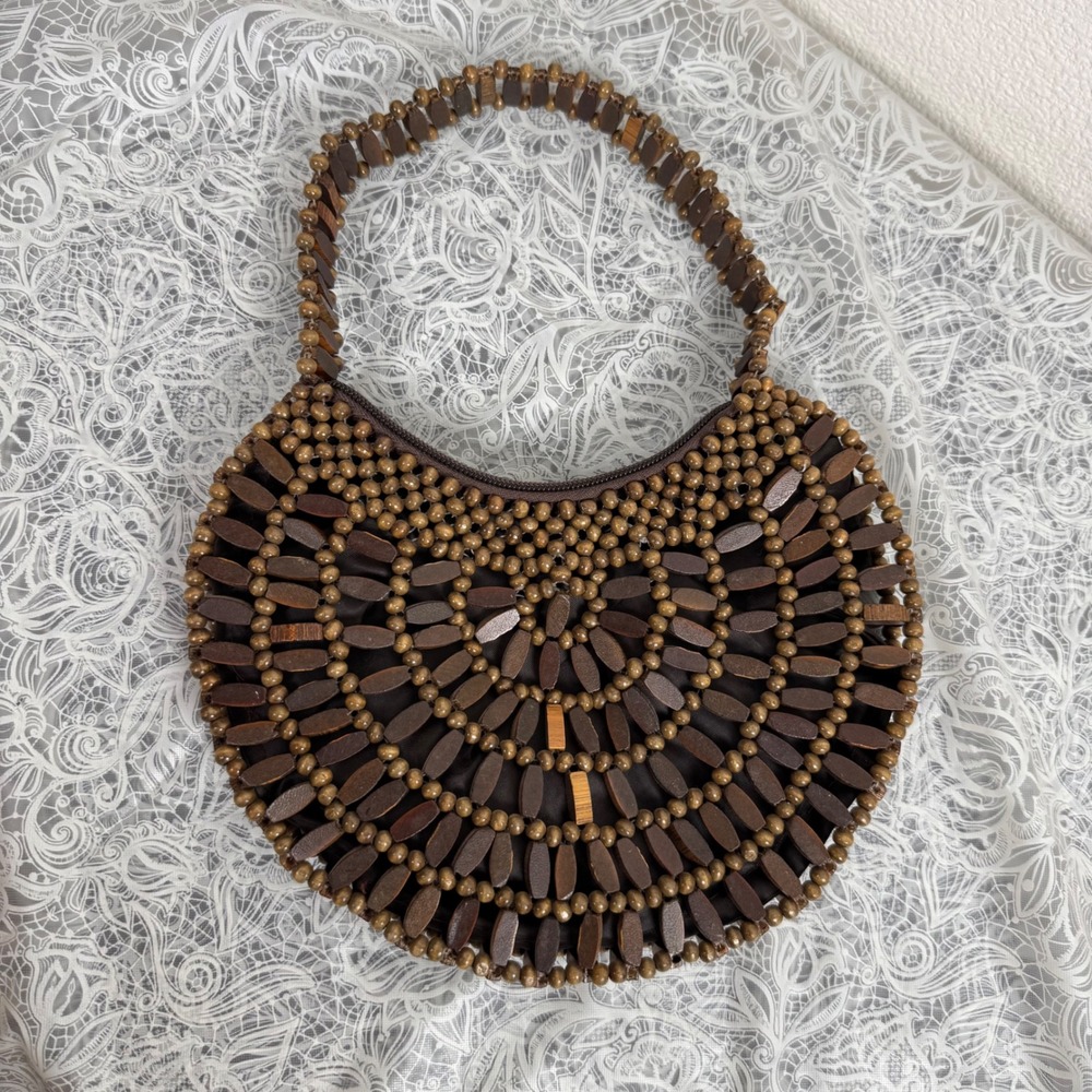 Vintage-style Wooden Bead Brown Boho Sunburst Half Moon Hand Bag Hippie Costume
